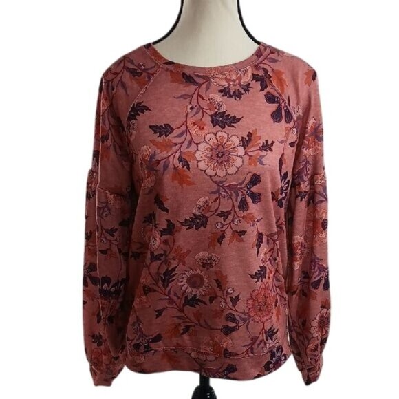 Kelly Renee Blouse Pink Floral Balloon Sleeve Crew Neck Womens Size Medium - Picture 1 of 8